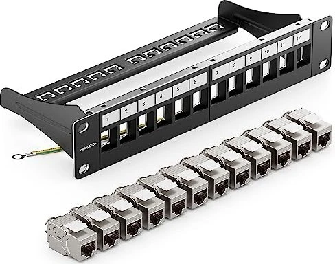 deleyCON Patchpanel für Keystone Module 10", 1HE, inkl. RJ-45 Cat7 Module, 12-Port, 10", 1HE