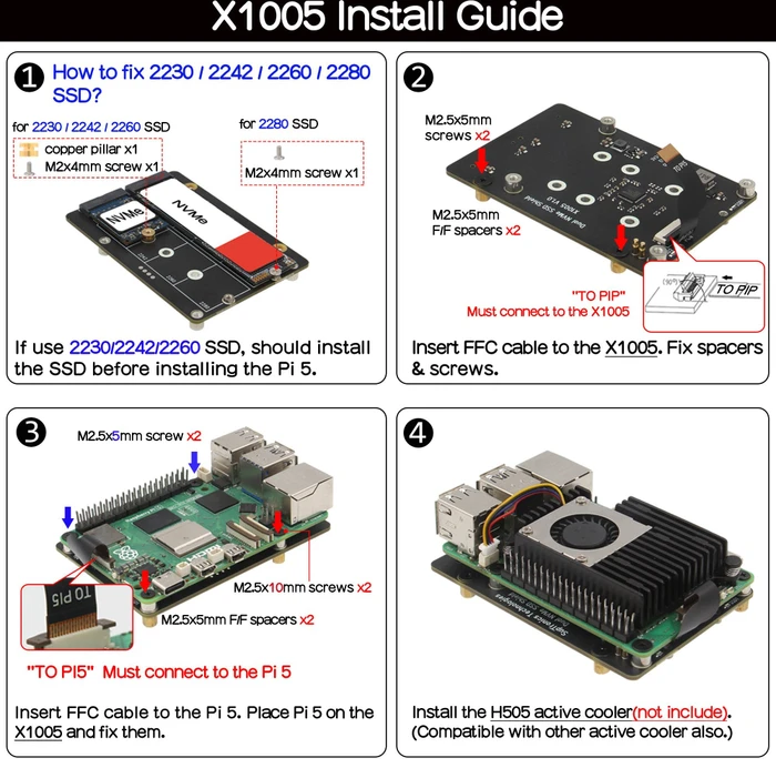 Geekworm X1005 Dual PCIe auf M.2 Key-M NVMe Adapter-Board, M.2 M-Key 2230/2242/2260/2280 NVMe Slot für Raspberry Pi 5