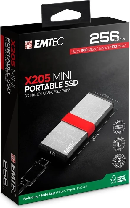 Emtec X205 Mini Portable SSD, 256GB, USB-C 3.1