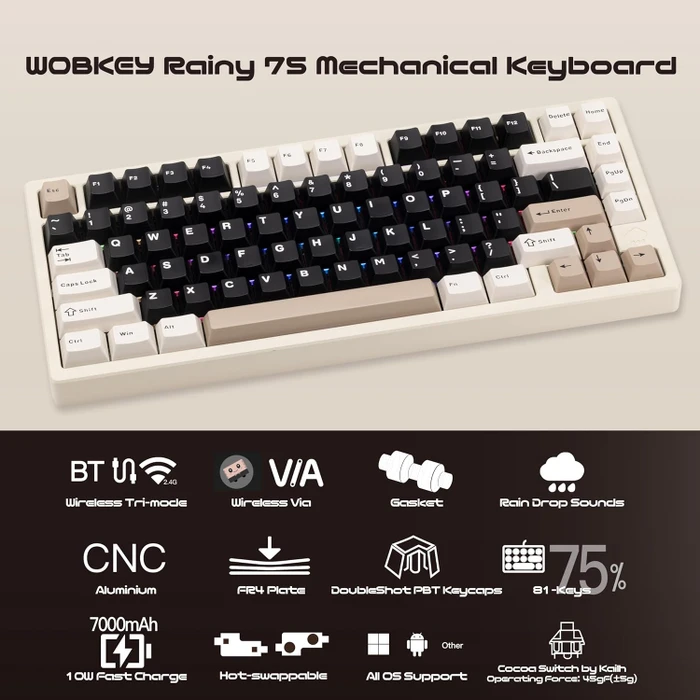 Wobkey Rainy 75 Pro, weiß, LEDs RGB, Kailh Cocoa, USB/Bluetooth, US