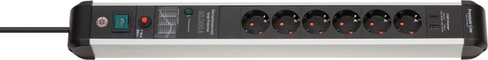 Brennenstuhl Premium-Protect-Line 60000A, 6-fach, 1x USB-A/1x USB-C USB-PD, 3m, silber/schwarz