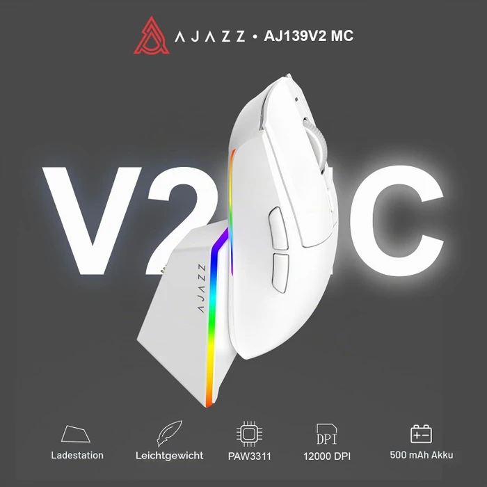 Ajazz AJ139 V2 MC Gaming Mouse mit Ladestation, weiß, USB/Bluetooth