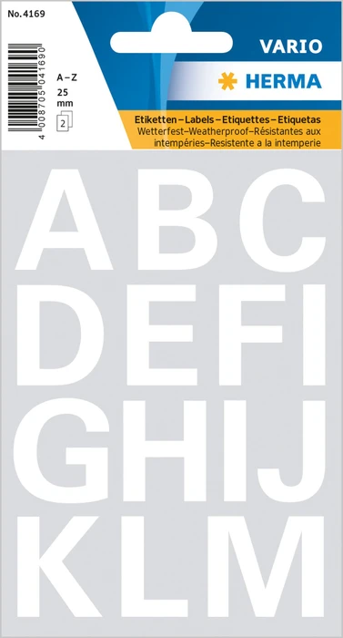 Herma Buchstabenetiketten A-Z, 15x25mm, wetterfest, weiß, 2 Blatt (30 Etiketten)