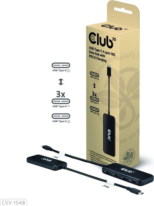 Club 3D 4-Port 10G Daten-Hub mit PD3.0 Ladefunktion, USB-C 3.1 [Stecker]