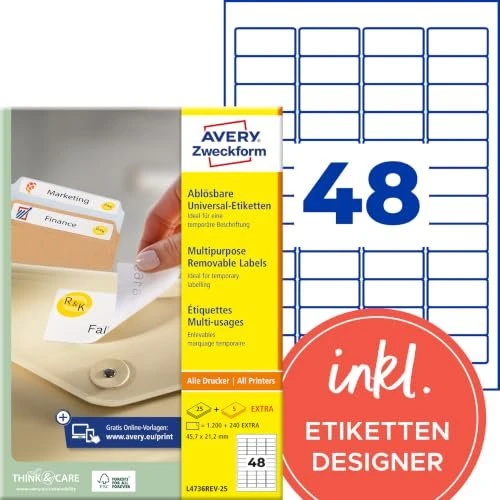 Avery-Zweckform Etiketten, 45.7x21.2mm, ablösbar, weiß, 65 Blatt (3120 Etiketten)