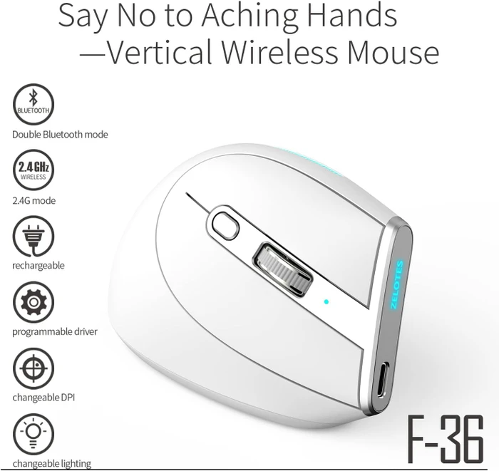 Zelotes F-36 Vertical Dual-Mode Wireless Mouse, weiß, USB/Bluetooth