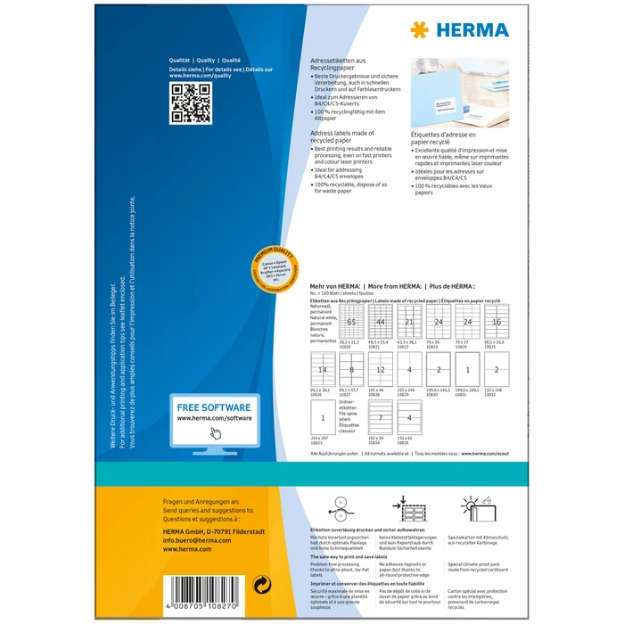 Herma Etiketten Recycling, 99.1x67.7mm, weiß, matt, 100 Blatt (800 Etiketten)