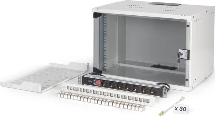 Digitus Professional SoHo Pro Line 19" Wandgehäuse SET 7HE, unmontiert, Sicherheitsglastür, IP20, RAL 7035, 400mm tief