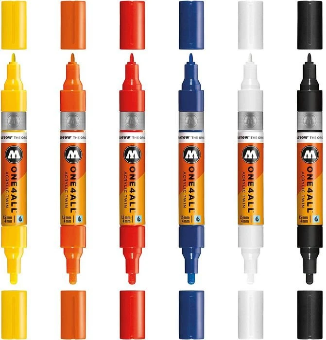 Molotow ONE4ALL Twin 1.5/4mm Acrylmarker Basic-Set 1 sortiert, 6er-Set, Etui