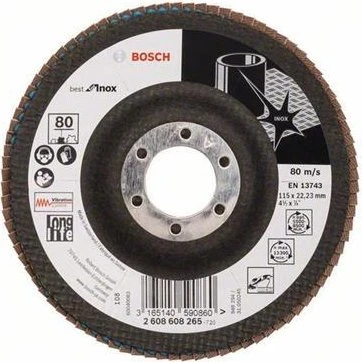 Bosch Professional X581 Best for Inox Fächerschleifscheibe gewinkelt K80, 115x22.23mm, 1 Stück