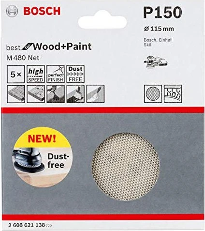 Bosch Professional M480 Best for Wood and Paint Gewebeschleifblatt K150, 115mm, 5 Stück