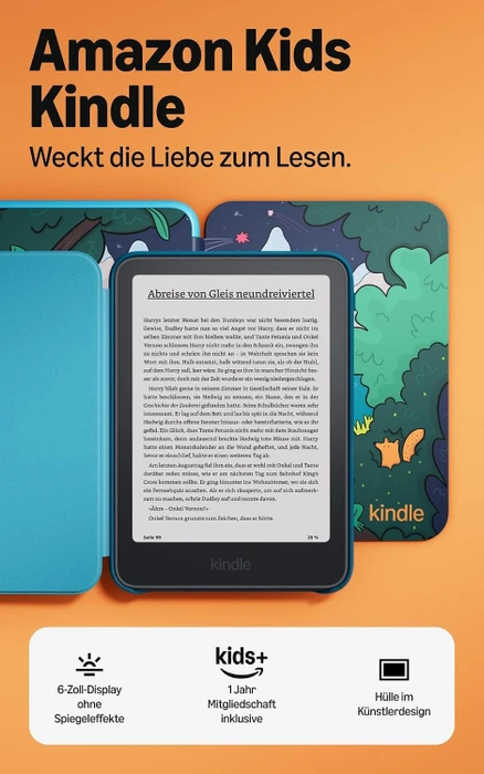 Amazon Kindle 13. Gen, 16GB Flash, ohne Werbung, Kids Edition, inkl. Hülle Zelten am See [2026]