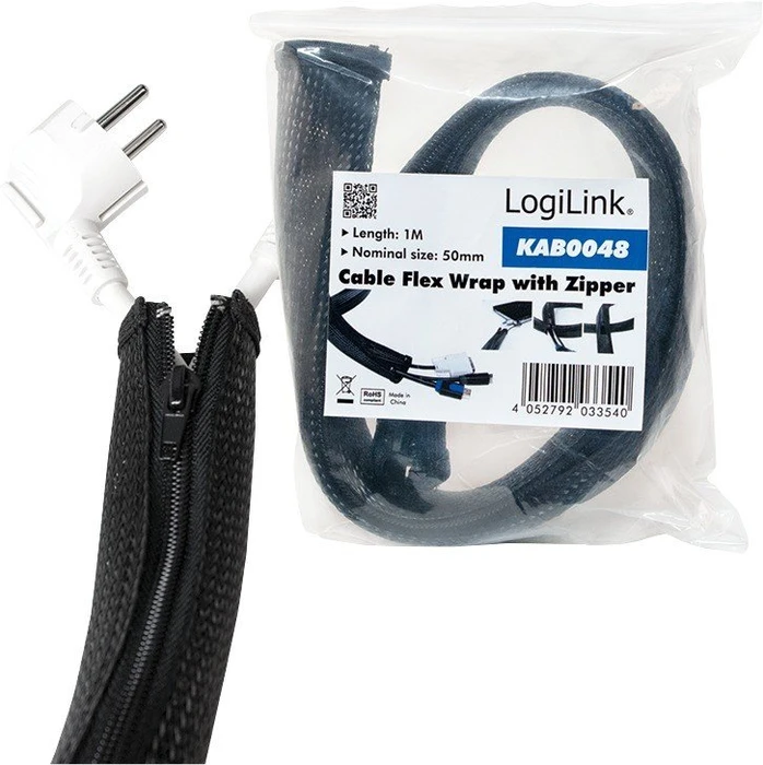 LogiLink Flexibler Kabelschutz Kabelmanagement mit Reißverschluss, 35mm, 1m, schwarz