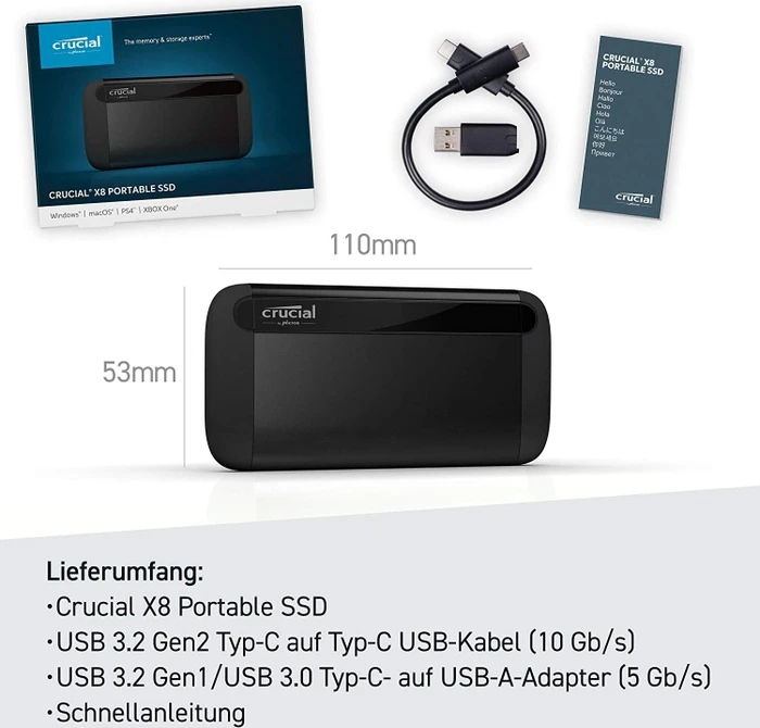 Crucial X8 Portable SSD, 500GB, USB-C 3.1