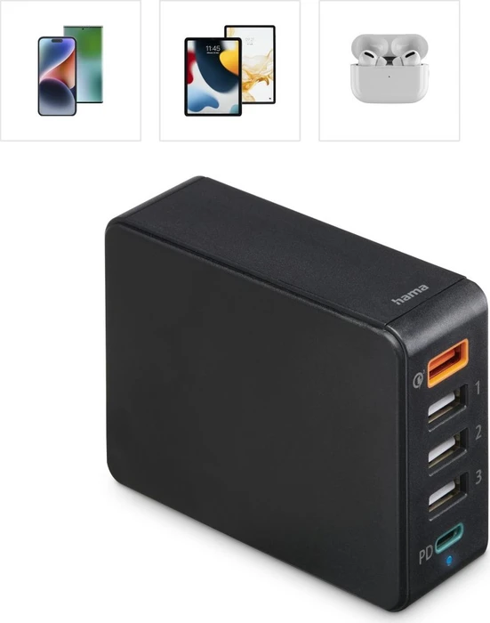 Hama Schnellladegerät 5 Ports 1x QC 3.0 3x USB-A 1x USB-C PD 51W schwarz