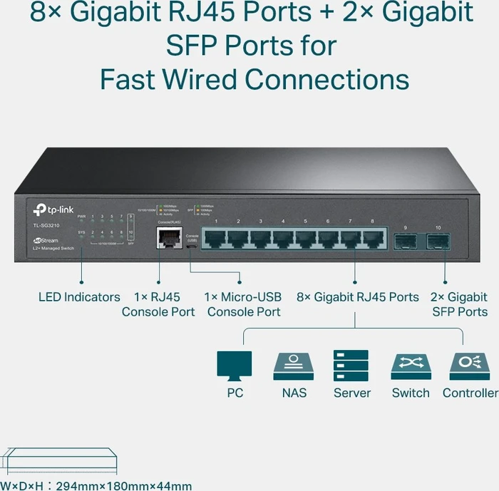TP-Link Omada SG3210 JetStream Desktop Gigabit Managed Switch, 8x RJ-45, 2x SFP