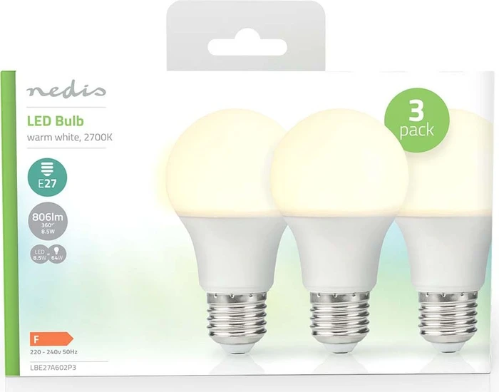 Nedis LED-Lampe E27 8.5W/827, 3 Stück
