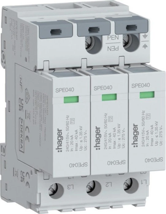 Hager Überspannungsableiter 3P T2 TNC Uc 275V In 20kA Imax 40kA