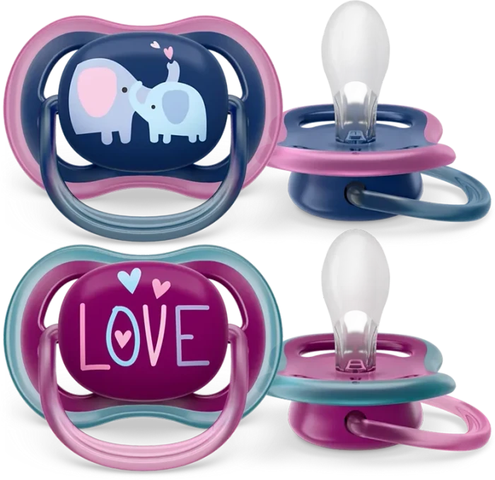 Philips Avent SCF349/22 Ultra Air Beruhigungsschnuller, 18+M, Silikon, love elephant violett/blau, 2 Stück