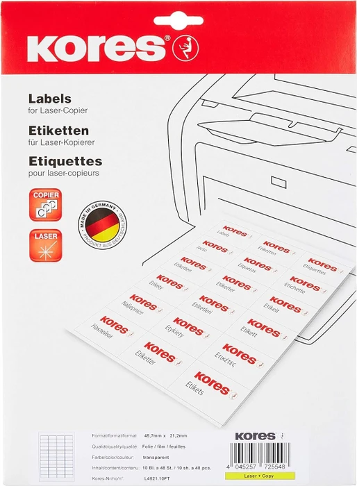 Kores Folienetiketten, 45.7x21.2mm, wetterfest, transparent, glänzend, 10 Blatt (480 Etiketten)