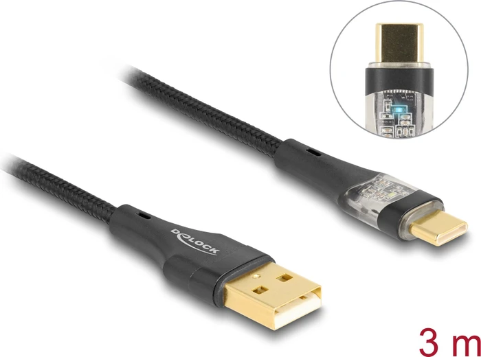 DeLOCK Adapterkabel, USB 2.0, 480Mb/s, 60W QC 3.0, USB-C [Stecker] auf USB-A [Stecker], schwarz, 3m