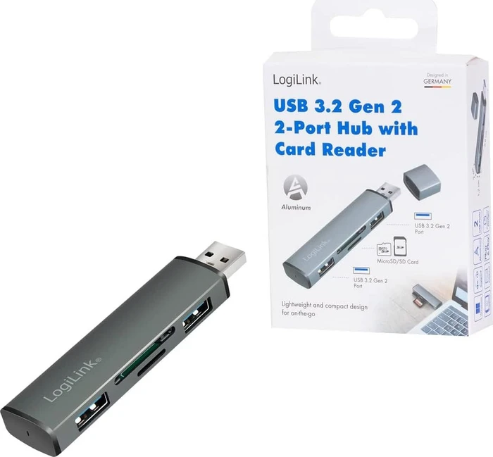 LogiLink USB 3.2 Gen 2 2-Port Hub with Card Reader, USB-A 3.1 [Stecker]