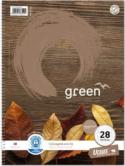 Ursus green Collegeblock, A4, Lineatur 28, 2 Motive sortiert, 100 Blatt
