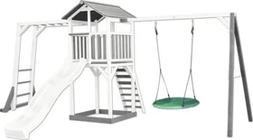 Axi Spielturm Beach Tower mit Klettergerüst, Rutsche und Nestschaukel weiß/grau