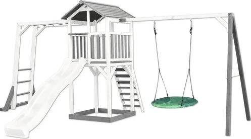 Axi Spielturm Beach Tower mit Klettergerüst, Rutsche und Nestschaukel weiß/grau