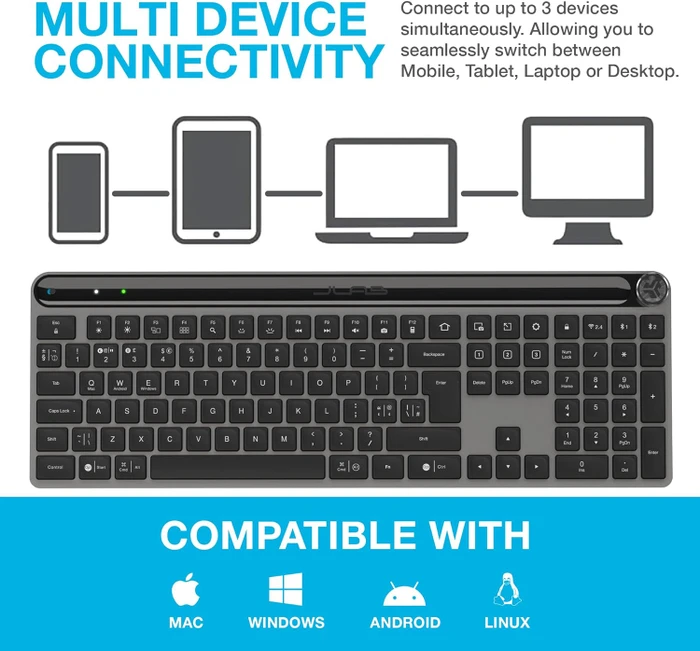 JLab Epic Wireless Keyboard, schwarz, LEDs weiß, USB/Bluetooth, UK