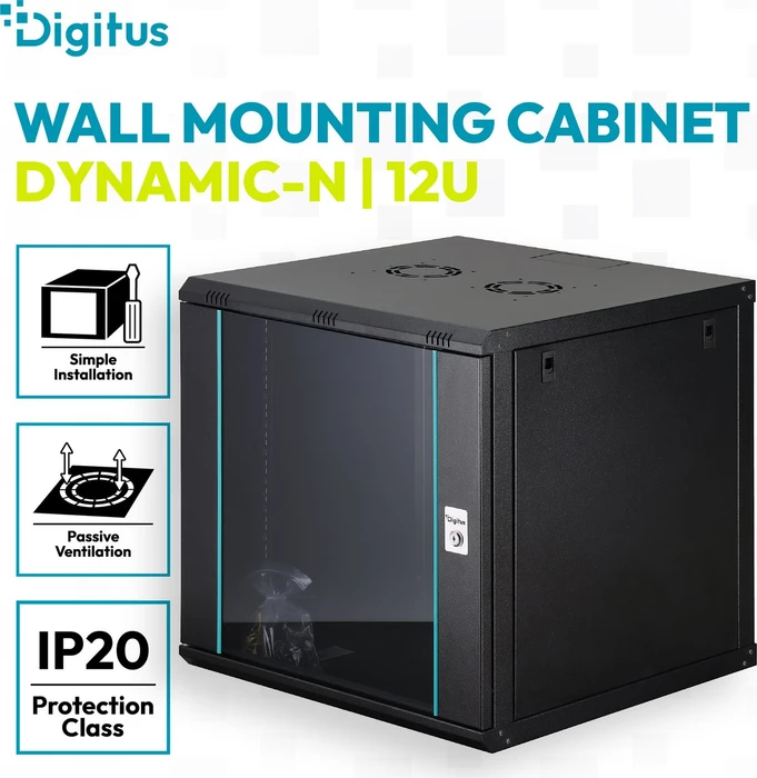 Digitus Dynamic-N Serie 19" Wandgehäuse 12HE, unmontiert, Sicherheitsglastür, IP2X, RAL 9005, 600mm tief