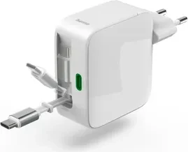 Hama Schnellladegerät GaN mit ausziehbarem Kabel 2x USB-C PD 65W weiß