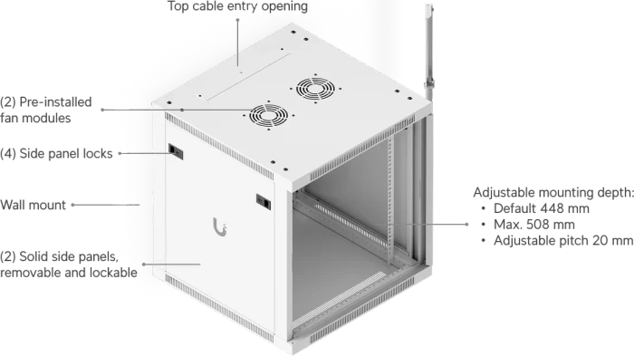 Ubiquiti 12U Rack Cabinet, 19" Wandgehäuse 12HE, Glastür, weiß, 600mm tief