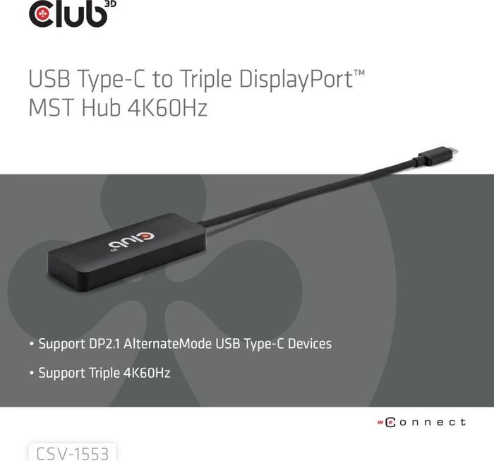 Club 3D Multi Stream Transport MST Hub, USB-C mit DisplayPort 2.1 auf 3x DisplayPort Adapter