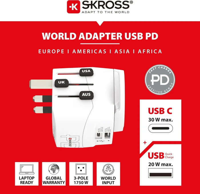 Skross World Travel Adapter PRO Light USB AC30PD - World, 1x USB-A, 1x USB-C