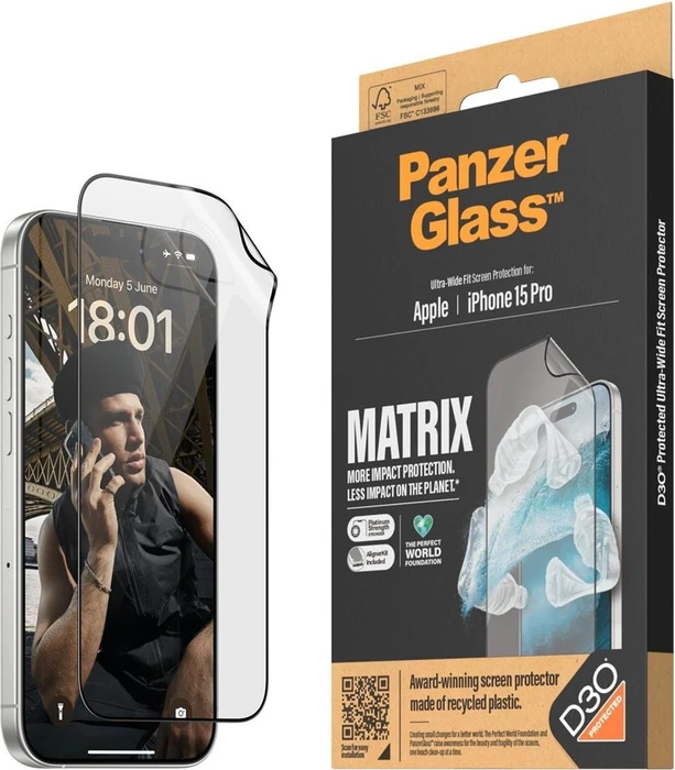PanzerGlass Matrix Screen Protector Ultra-Wide Fit with Aligner Kit für Apple iPhone 15 Pro
