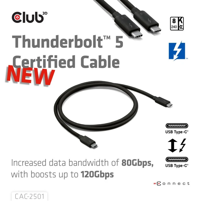 Club 3D Thunderbolt 5 Kabel, 240W, schwarz, 1m (verschiedene Markenbezeichnungen)
