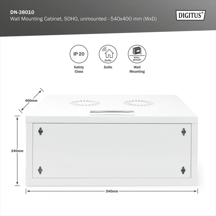 Digitus Professional SoHo Line 19" Wandgehäuse 4HE, unmontiert, Sicherheitsglastür, IP20, RAL 7035, 400mm tief