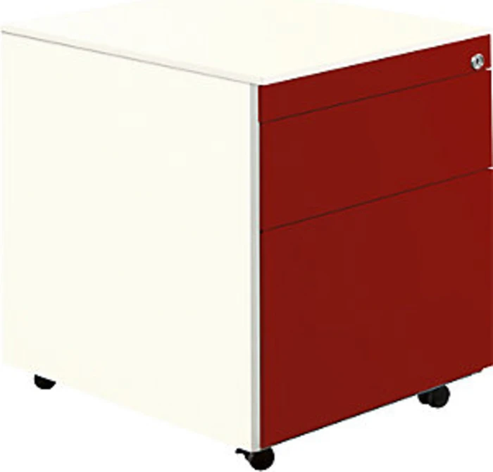 mauser Rollcontainer line, 570x600mm, 1x Utensilienauszug, 1x Materialschublade, 1x Hängeregistratur, reinweiß/rubinrot