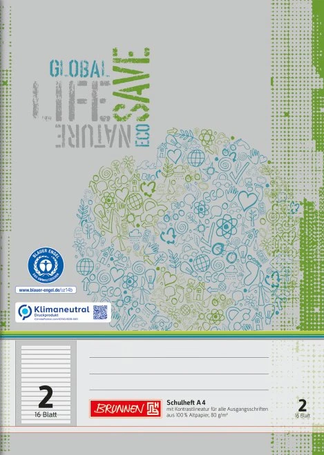 Brunnen Recycling Schulheft, A4, Lineatur 2, grau/grün, 16 Blatt