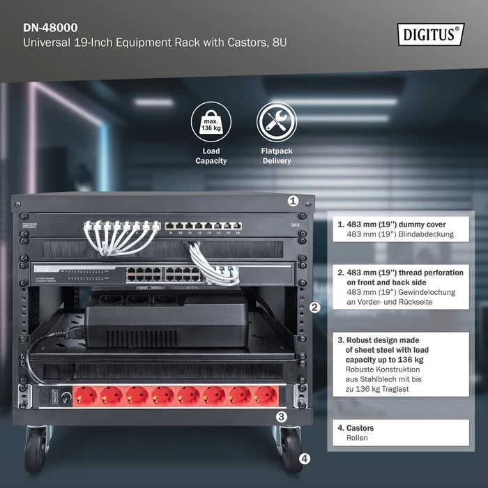 Digitus Audio Video Rack 19" AVS/Equipment Rack 8HE, mit Rollen, unmontiert, RAL 9005, 460mm tief