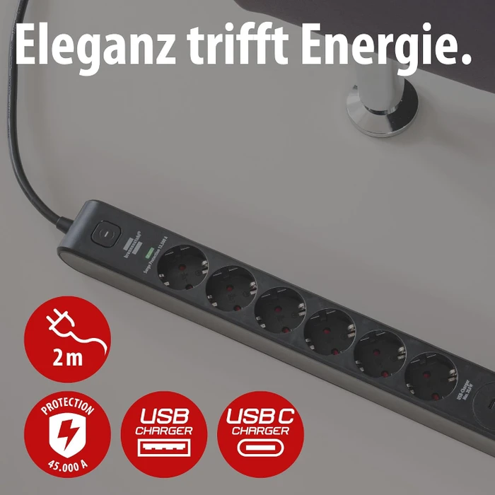 Brennenstuhl Überspannungsschutz-Steckdosenleiste, 6-fach, 1x USB-A/2x USB-C USB-PD, 2m, schwarz
