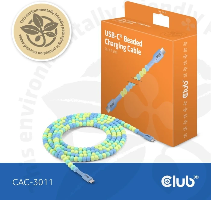 Club 3D USB-C Perlenkabel, 480Mb/s, 60W PD, USB-C 2.0 Stecker auf USB-C 2.0 Stecker, 2m, blau