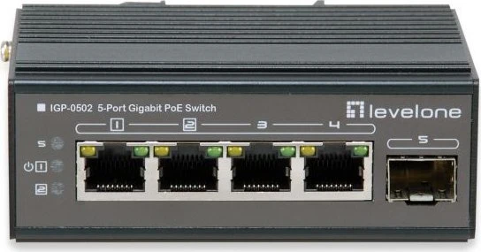 LevelOne IGP Industrial Railmount Gigabit Switch, 4x RJ-45, 1x SFP, 30W PoE+