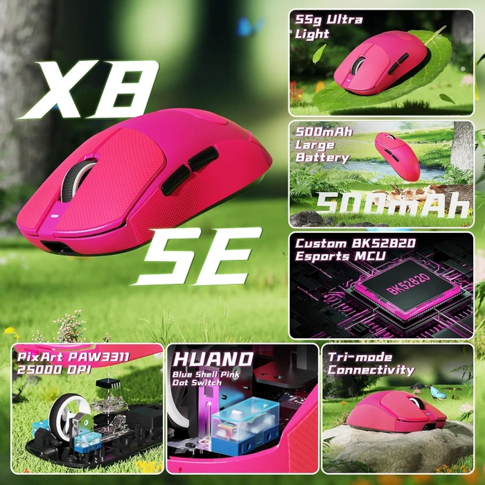 Attack Shark X8 SE Tri-mode Wireless Gaming Mouse, Berry Red, inkl. Grip Tape, USB/Bluetooth