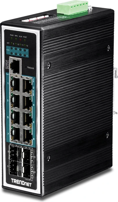 TRENDnet TI Hardened Industrial Railmount Gigabit Managed Switch, 8x RJ-45, 4x SFP, 240W PoE+