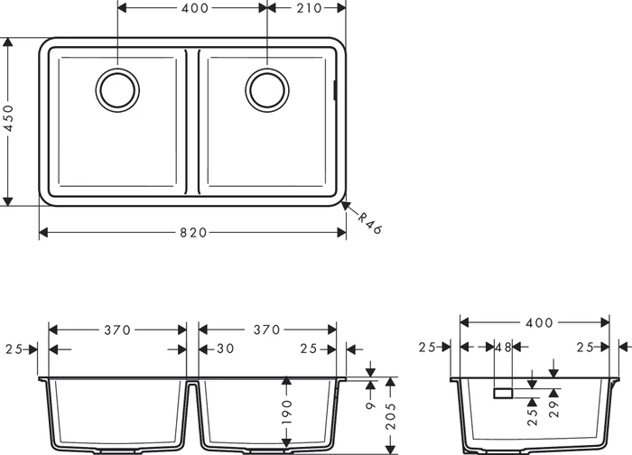 Hansgrohe S51 S510-U770 370/370 Unterbau Doppelspüle graphitschwarz