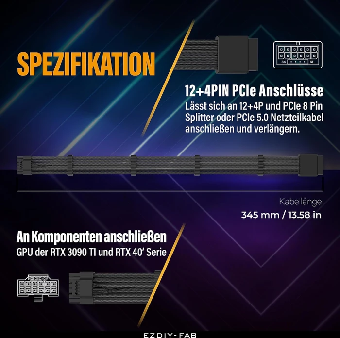 EZDIY-FAB 12VHPWR Kabel, 16-Pin PCIe Verlängerungskabel, 16-Pin PCIe 5.0 12VHPWR Buchse auf 16-Pin PCIe 5.0 12VHPWR Stecker, 16AWG, schwarz, 30cm
