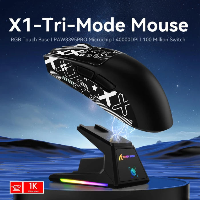 Attack Shark X1 Tri-mode Wireless Gaming Mouse mit Ladestation, schwarz, inkl. Grip Tape, USB/Bluetooth