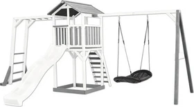 Axi Spielturm Beach Tower mit Klettergerüst, Rutsche und Roxy Nestschaukel weiß/grau